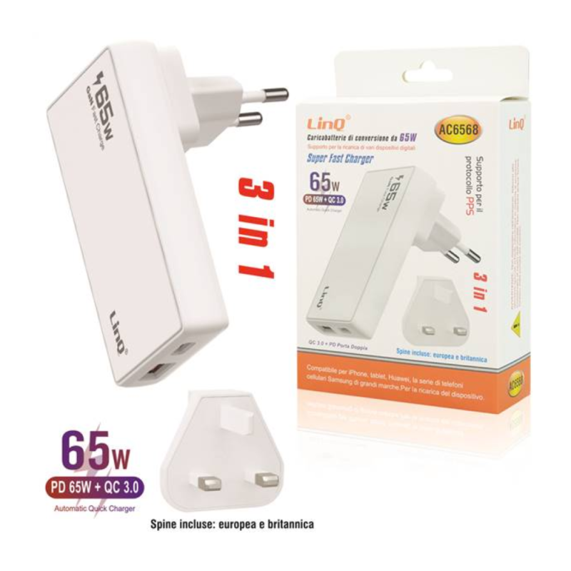 Chargeur Secteur USB-C + USB 65W avec Prise Anglaise Chargeur Rapide LinQ AC6568 — LinQ · Smarty Paris 18e